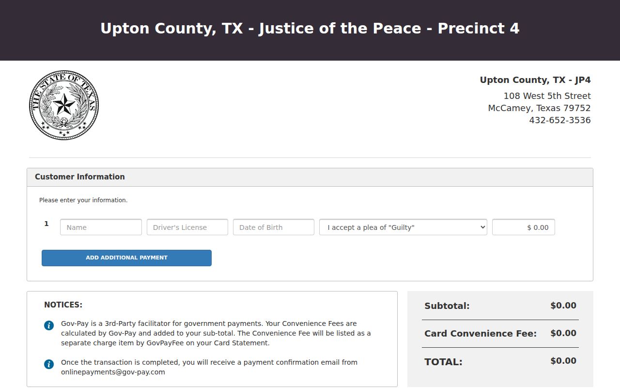 Upton County traffic court JP4 plea and payment page